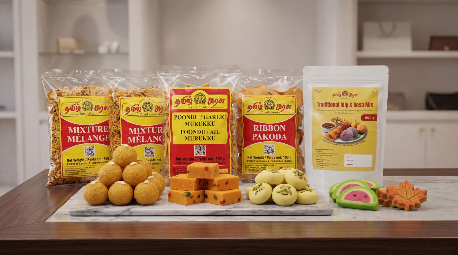 Tamil Arasu product range with sweets and snack packages